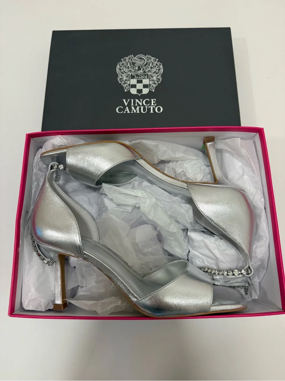 Vince Camuto Evensa Silver Rhinestone Ankle-Strap Heels